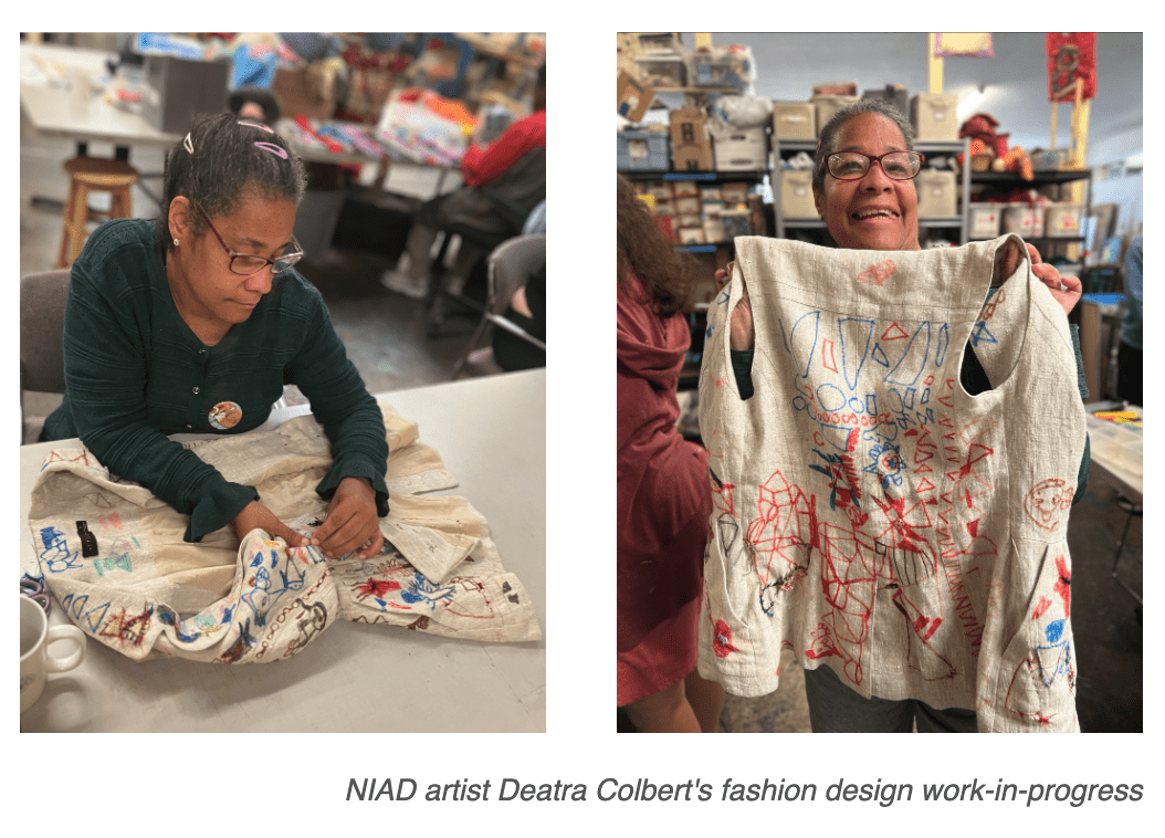 NIAD artist deatra colbert work in the fashion class on a garment for The Way We Are, Now